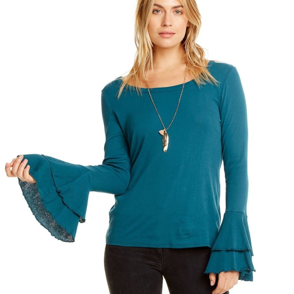 CHASER Double Ruffle Peplum Sleeve Teal Top NEW, L